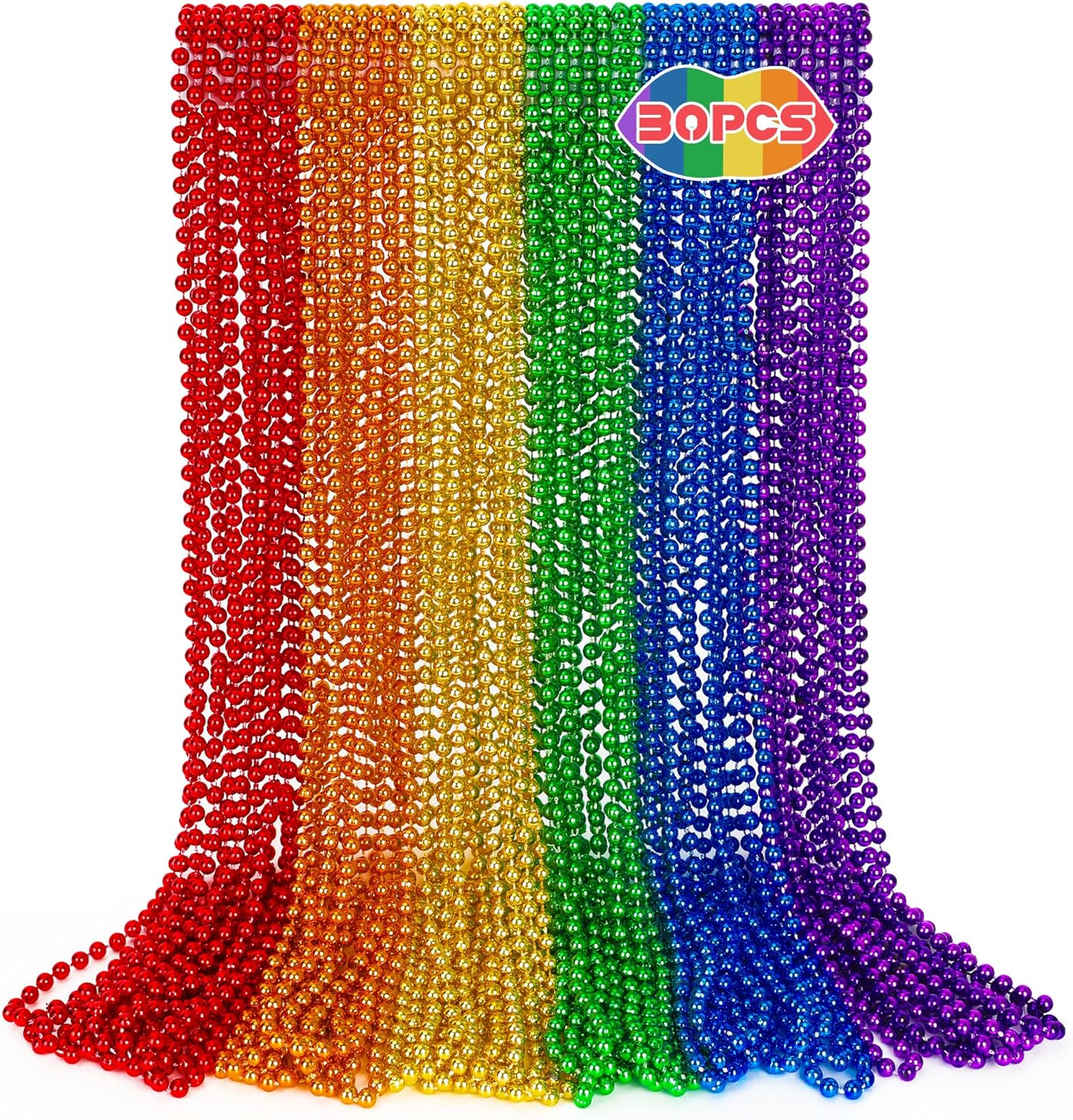 Pride Necklace Accessories, 30PCS LGBTQ Beads Necklaces, 6 Kinds Metallic Rainbow Beads Bulk, Round LGBTQ Pride Stuff for Gay Lesbian, Costumes Decor for Parade Throws Party Favors