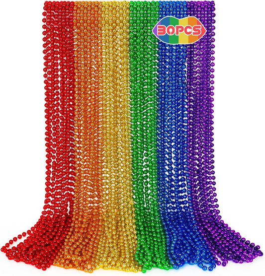 Pride Necklace Accessories, 30PCS LGBTQ Beads Necklaces, 6 Kinds Metallic Rainbow Beads Bulk, Round LGBTQ Pride Stuff for Gay Lesbian, Costumes Decor for Parade Throws Party Favors