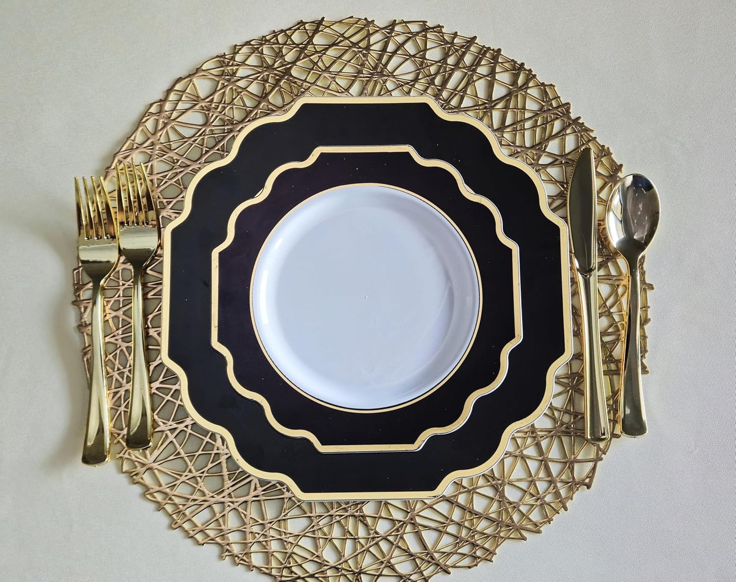 " OCCASIONS " 50 Plates Pack (25 Guests)-Heavyweight Wedding Party Disposable Plastic Plate Set -(25x10.5'' Dinner + 25x8'' Salad/dessert (Imperial in Black & Gold)
