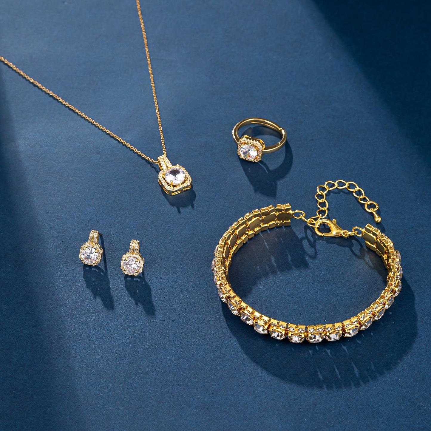 4pcs Cubic Zirconia Wedding Jewelry Sets for Bride Bridesmaid Cubic Zirconia Pendant Necklace Earrings Link Tennis Bracelet Open Ring Set for Women