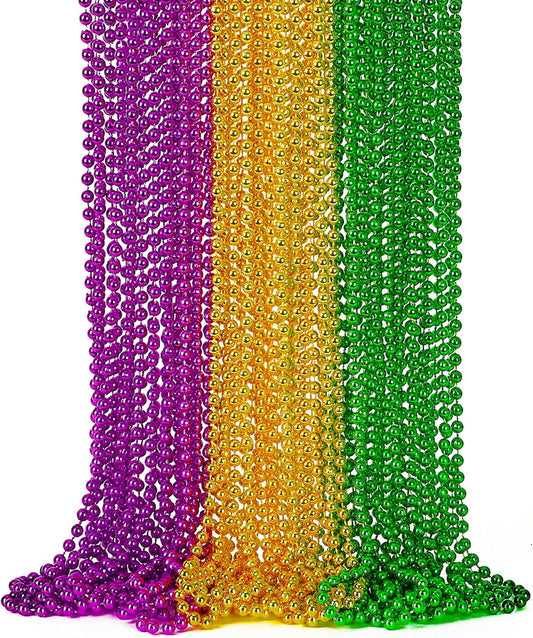 24PCS Mardi Gras Accessories, Mardi Gras Green Purple Gold Metallic Beads Necklaces Accessories Bulk, Mardi Gras Beads Necklace Costumes Women Men Kids for Parade Throws Party Decor Favor Supplies