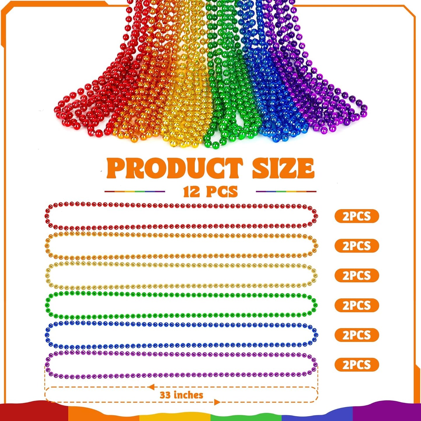 12 PCS Pride Accessories, 33" Round Pride Beads Bulk, Plastic Colorful LGBT Beaded Necklaces Stuff Pride Month Parade Accessories for Rainbow Party Supplies Favors Decorations