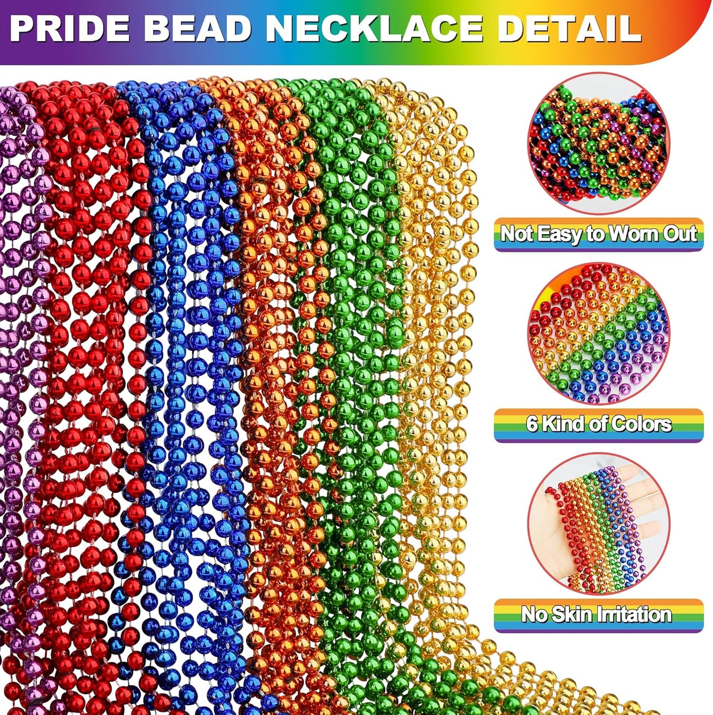 200 PCS Pride Bead Necklace, 33" Rainbow LGBT Party Supplies, Colorful Pride Beads 6 Colors Pride Parade Decorations LGBTQ Accessories Gay Lesbian Party Supplies Pride Month Stuff
