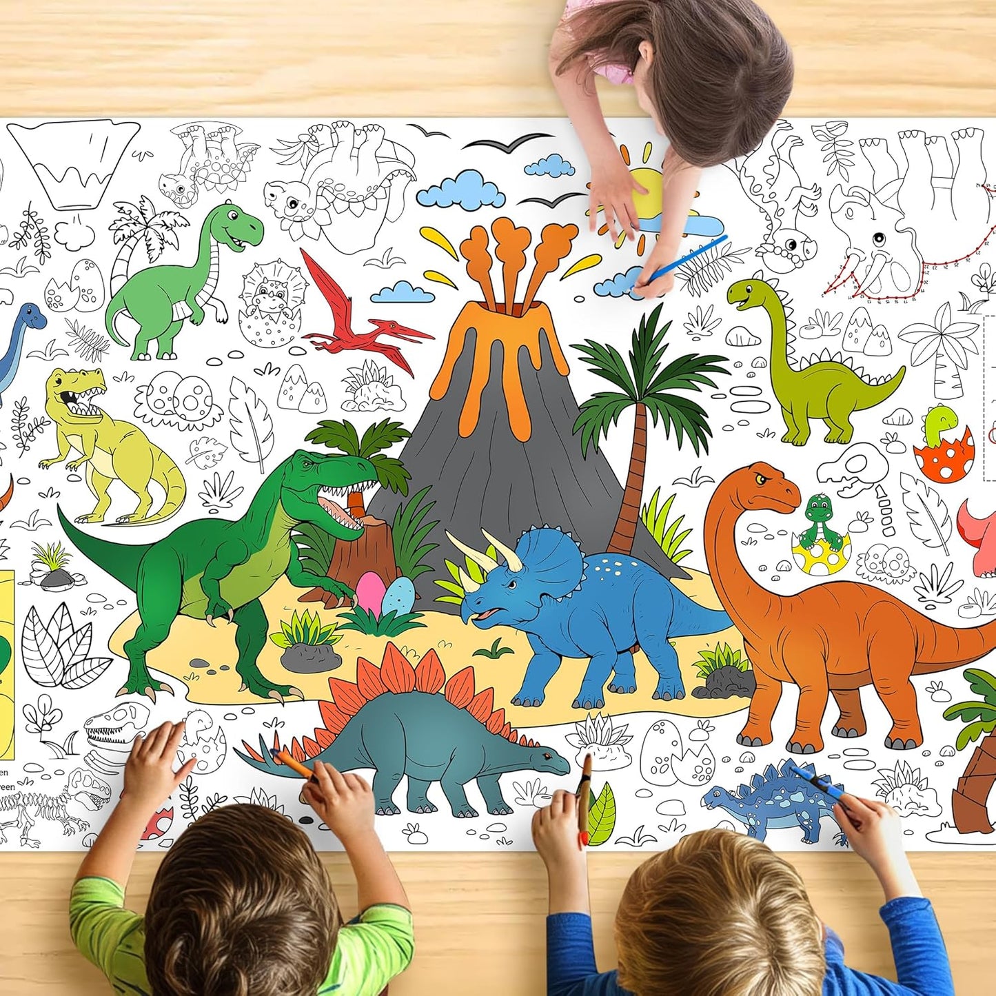 Dinosaur Coloring Tablecloth for Kids, Jumbo 30x72 Inch Poster with Dinosaurs, Volcanoes, Perfect for Boy Birthday Party Games, Decorations, Classroom Activities, Celebration Supplies