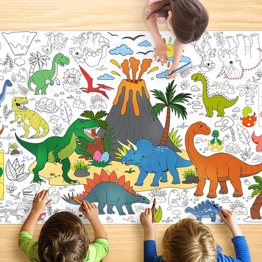 Dinosaur Coloring Tablecloth for Kids, Jumbo 30x72 Inch Poster with Dinosaurs, Volcanoes, Perfect for Boy Birthday Party Games, Decorations, Classroom Activities, Celebration Supplies