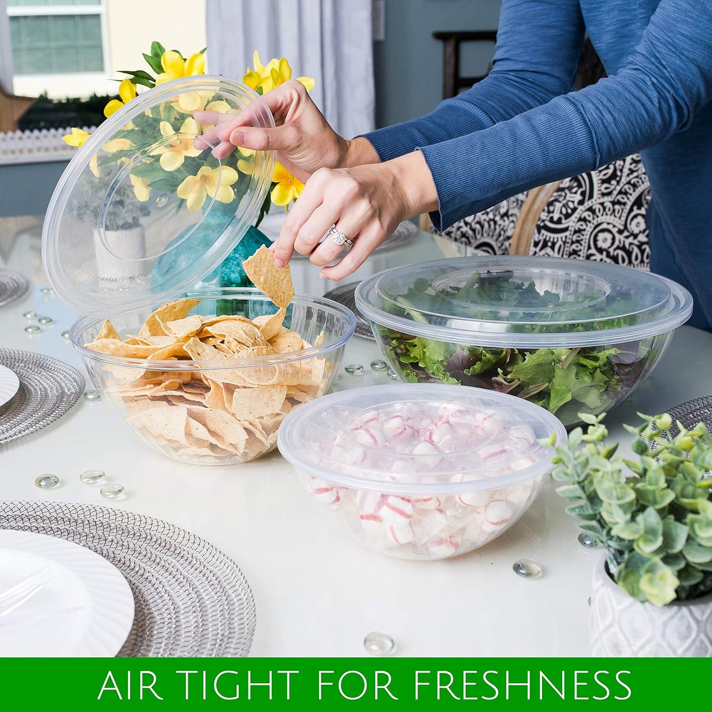 PLASTICPRO Disposable 150 Ounce Round Crystal Clear Plastic Serving Bowls, With Lids Party Snack or Salad Bowl, Chip Bowls, Snack Bowls, Candy Dish, Salad Container Pack of 8 Dough Rising Bowls