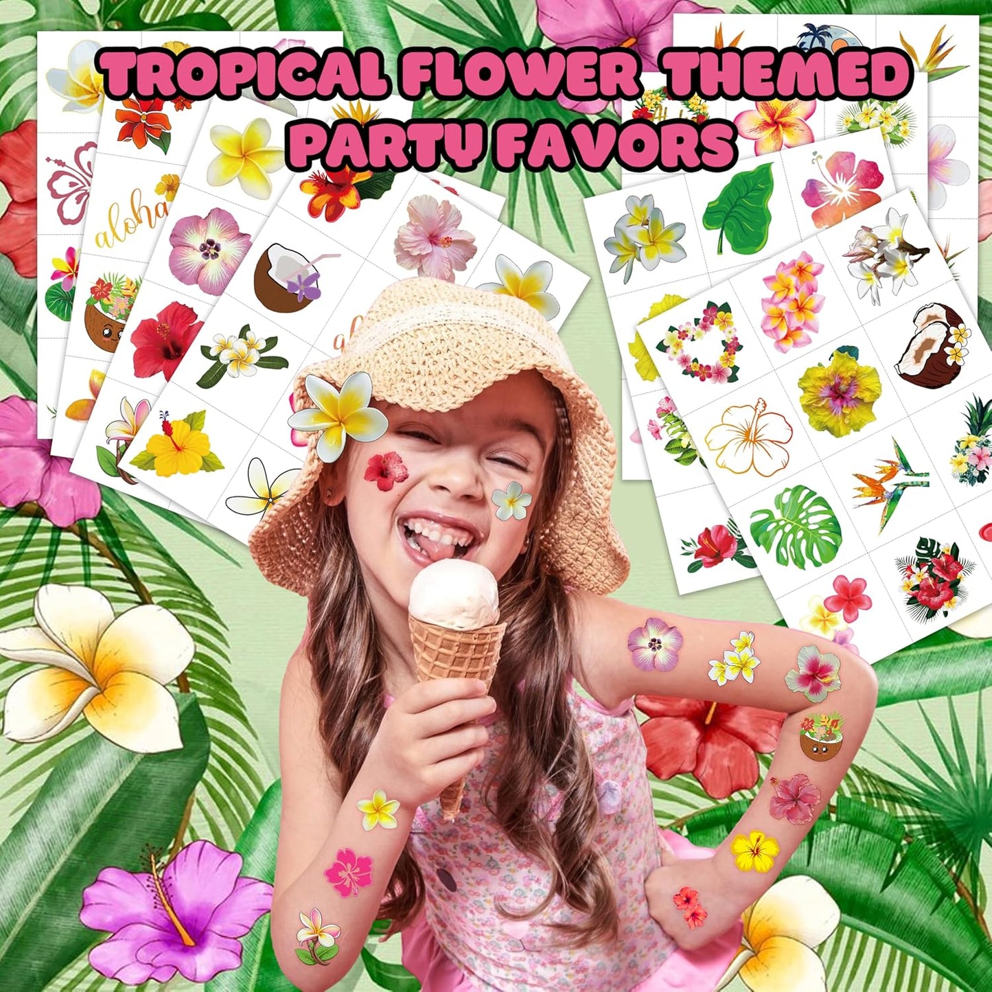 96 PCS Tropical Flower Hawaiian Pre-Cut Temporary Themed Birthday Favors Supplies Décor Cute Luau Gifts For Game Boys Girls Classroom School (Normal)