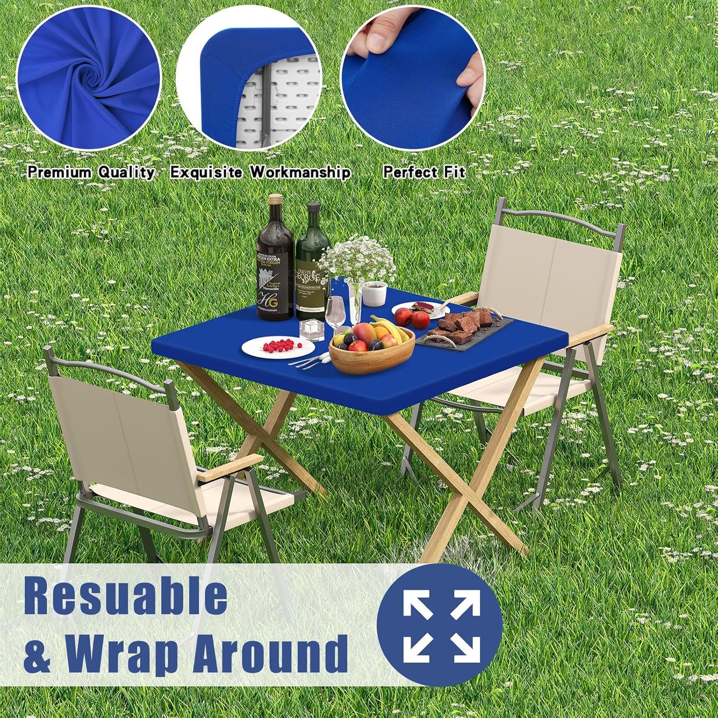 Spandex Picnic Table Cloth 2 Pack, Elastic Fitted Tablecloths for Square Tables, Stretch Washable Patio Table Cover for Outdoor, Camping, Banquet and Parties (Blue, 34"x34")