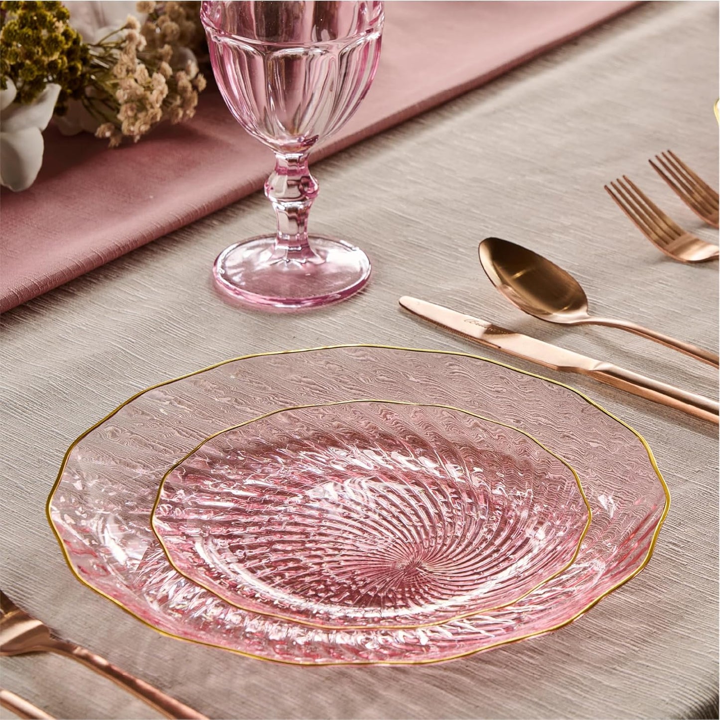 PLASTICPRO 120 Pack Plastic Plates Set of 60-10 inch Plates and 60-7 inch Plates, Elegant Clear Pink Spiral and Gold Rim Disposable Fancy Plates Premium Heavyweight