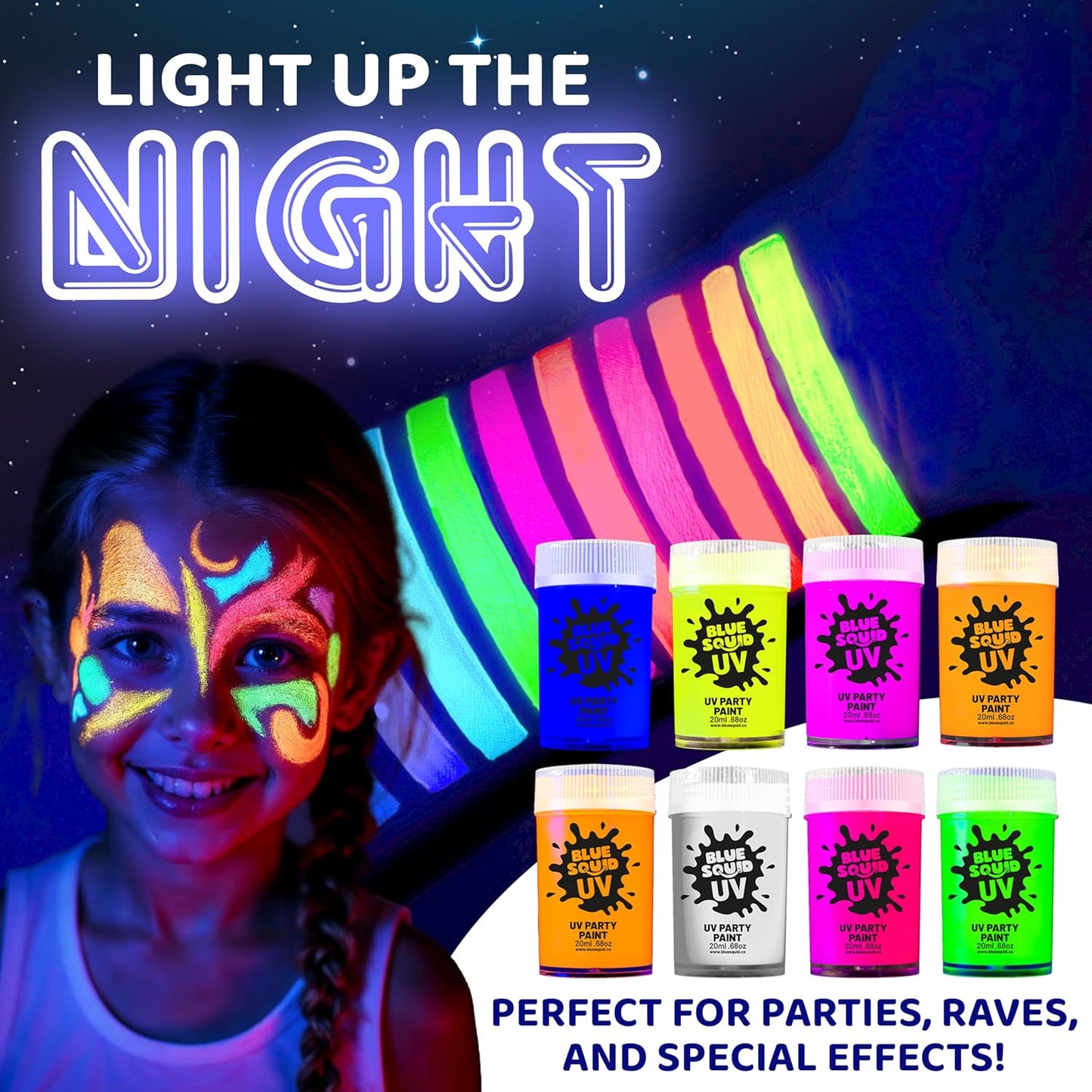 Blue Squid UV Body Paint - Glow in the Dark Body Paint, Neon Face Paint for Glow Party Accessories - Safe, Non-Toxic Black Light Glow Makeup for Adults & Kids, Multicolor 8 x Pots with Mini UV Light