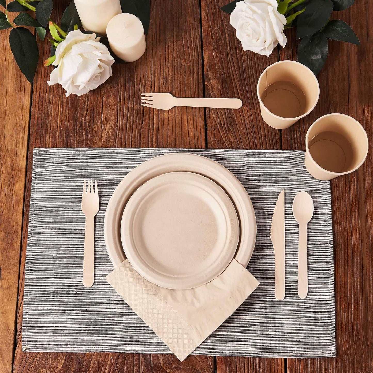 FULING 350Pcs Biodegradable Dinnerware Set - Disposable Dinner Plates, Wooden Cutlery, Napkins - Plant-Based Material, Microwave & Freezer Safe