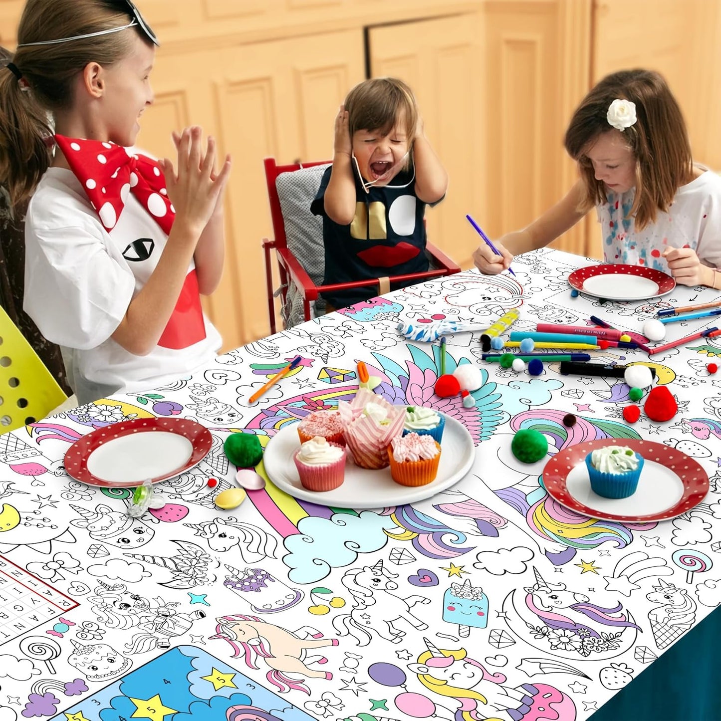 Unicorn Coloring Tablecloth for Kids, Magical 30x72 Inch Poster with Unicorns, Rainbows, Perfect for Girls Birthday Party Games, Fantasy Decorations, Classroom Activities, Event Supplies