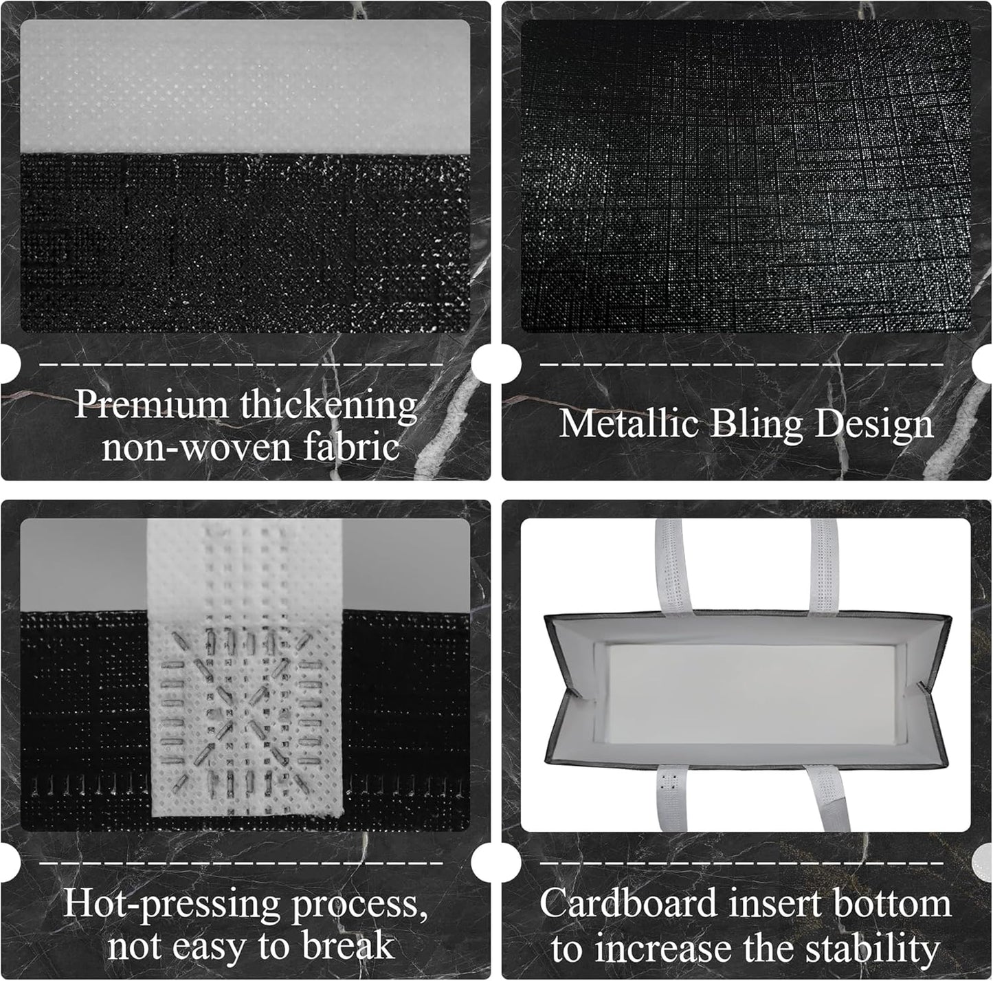 cabzymx Black Reusable Gift Bags with Metallic Design, 25 Pcs Non-woven Gift Bag Bulk with Handles, 12.6x4.7x11 In Glossy Party Bags for Wrapping Gifts, Birthday, Wedding, Parties, Graduation