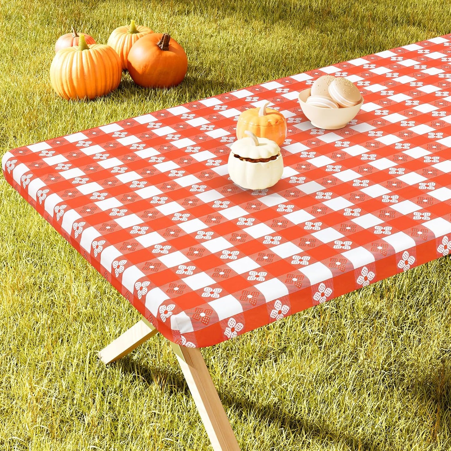Rectangle Vinyl Table Cloth, Waterproof Elastic Fitted Tablecloth with Flannel Backing, Plastic Table Cover for Picnic, Camping, Outdoor (White & Orange, 30"x72")