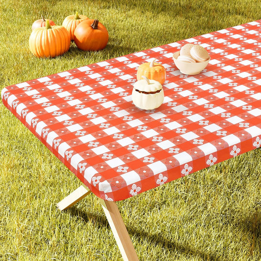 Rectangle Vinyl Table Cloth, Waterproof Elastic Fitted Tablecloth with Flannel Backing, Plastic Table Cover for Picnic, Camping, Outdoor (White & Orange, 30"x72")