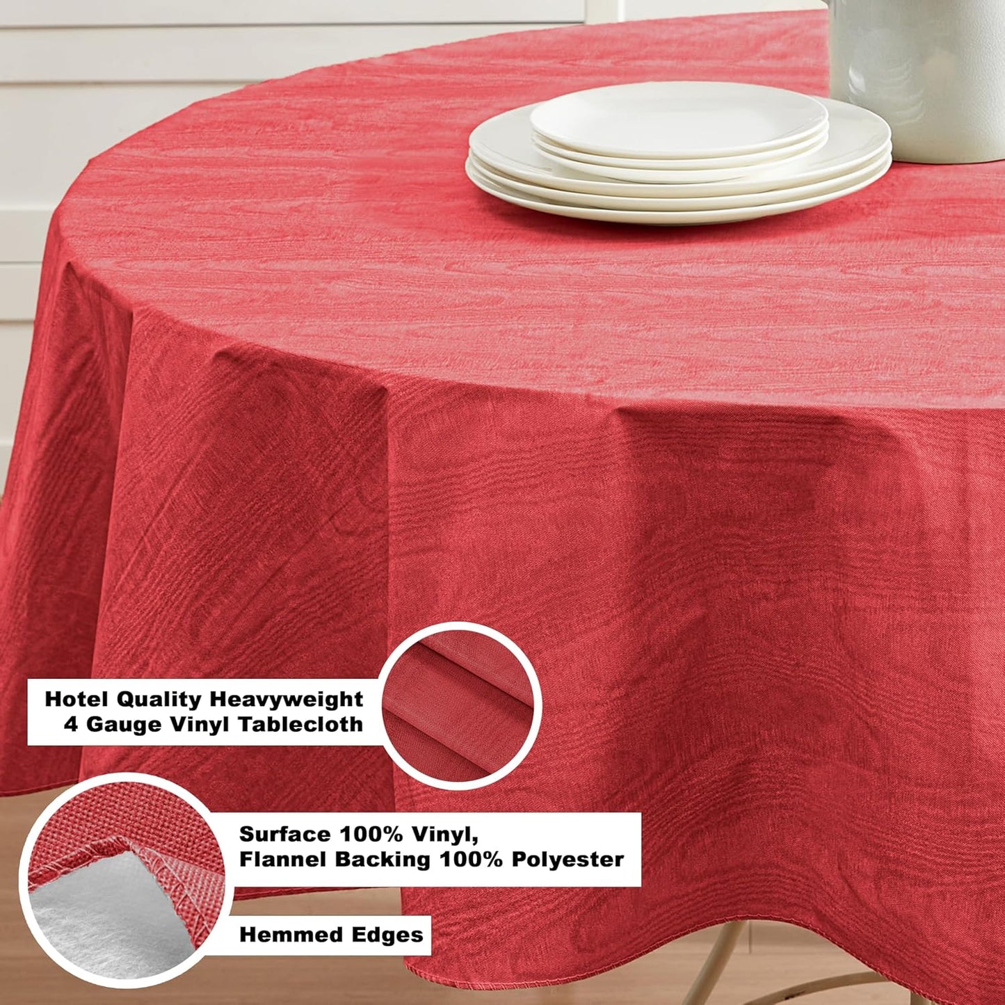 Newbridge Vinyl Flannel Backed Tablecloth, 70 inch Round, Red Moire Wavy Solid Design, Heavyweight Indoor Outdoor Waterproof Table Cover, Easy Care Wipe Clean