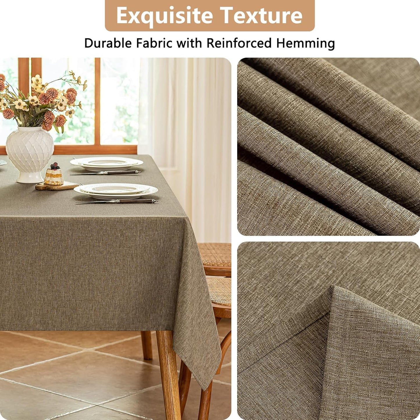 Fabric Rectangle Table Cloth, Faux Linen Textured Water Resistant & Washable Rectangular Tablecloth, Anti-Scratch for Dinning Kitchen Party,54 x 72 Inch, Mocha
