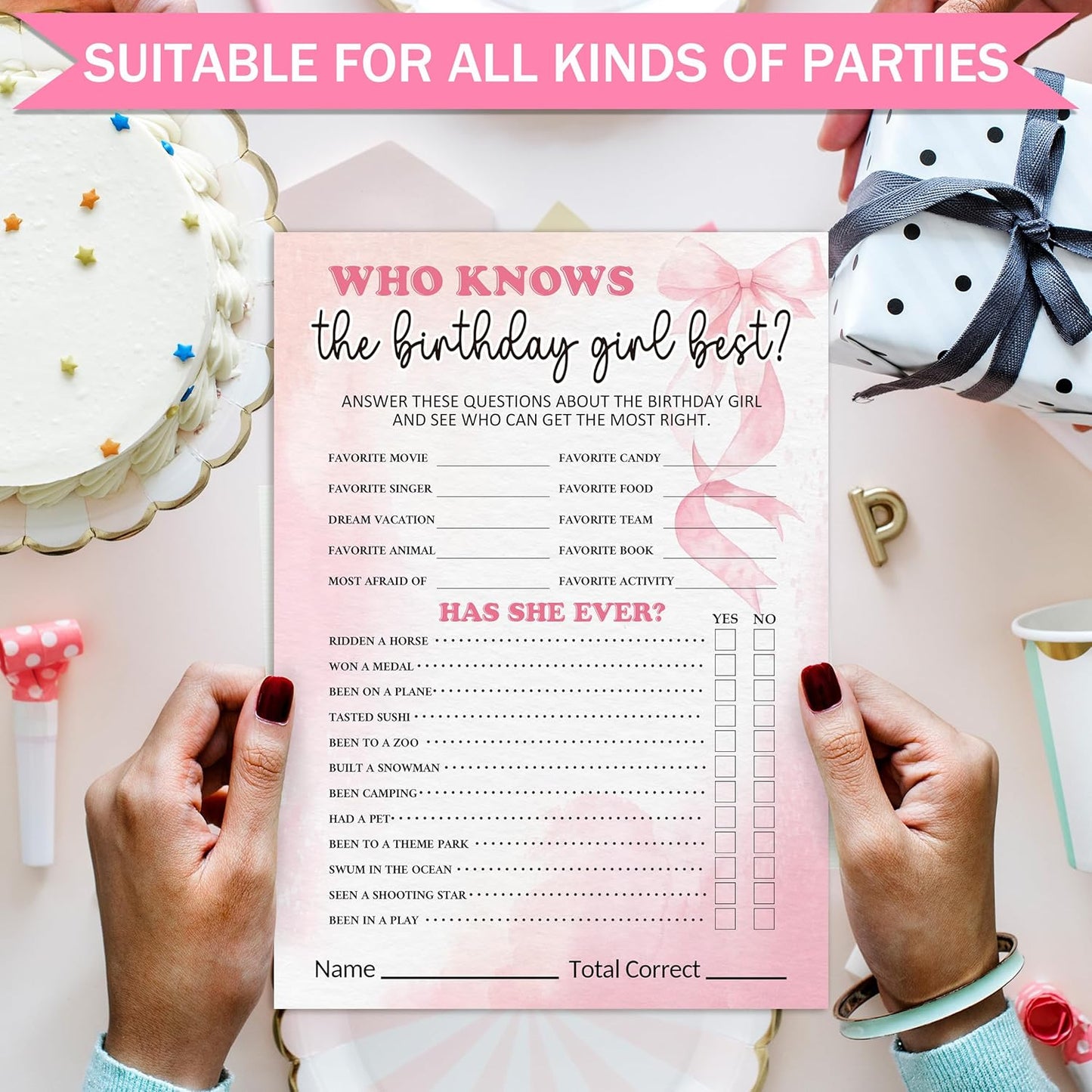 Birthday Party Games Card, Who Knows The Birthday Girl Best, Girls Sleepover Party Supplies for The Girls Card Game, 5x7 Inch Set of 25 Game Cards (Pink, Double-Sided) - A06