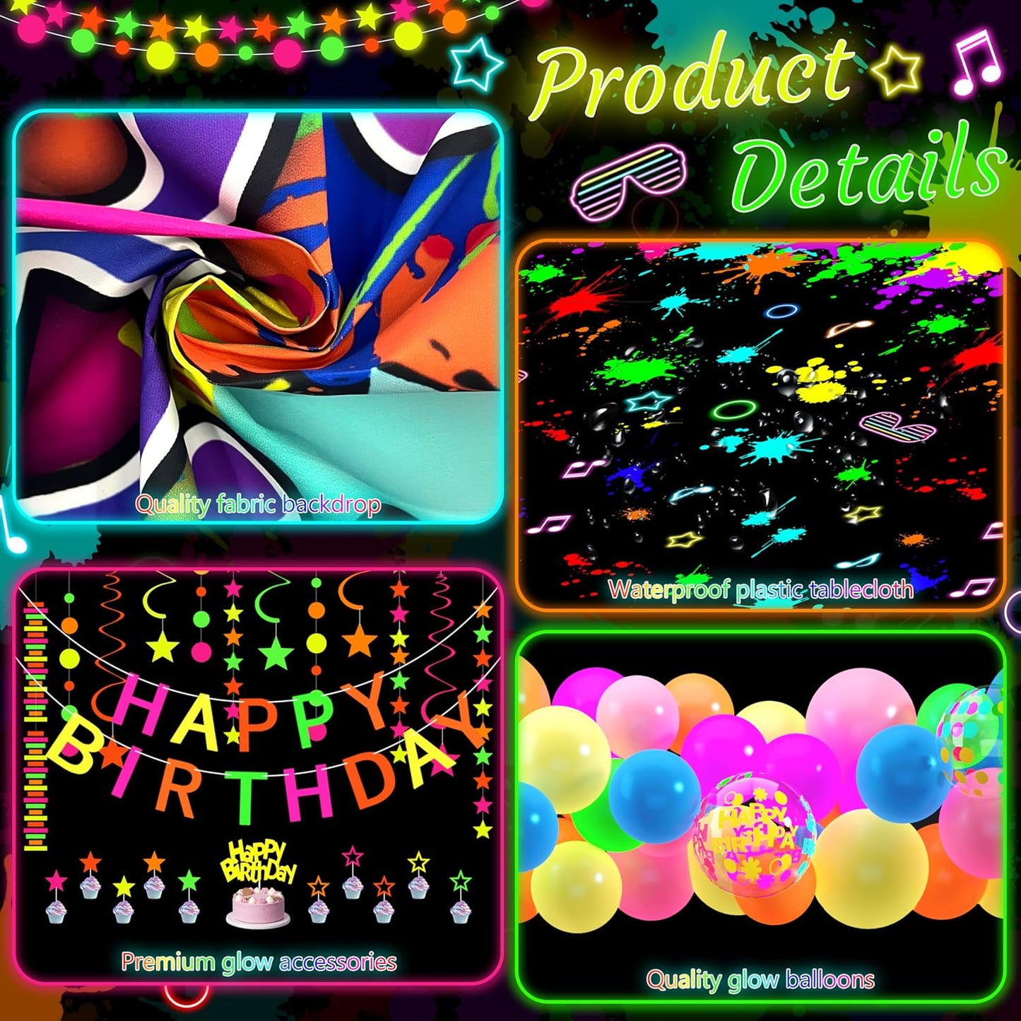 Neon Birthday Party Decoration Glow in The Dark Party Supplies Happy Birthday Backdrop Banner Neon Fluorescent Balloons Garland Arch Star Hanging Swirl Black Light Reactive Glow Tape Neon Streamer