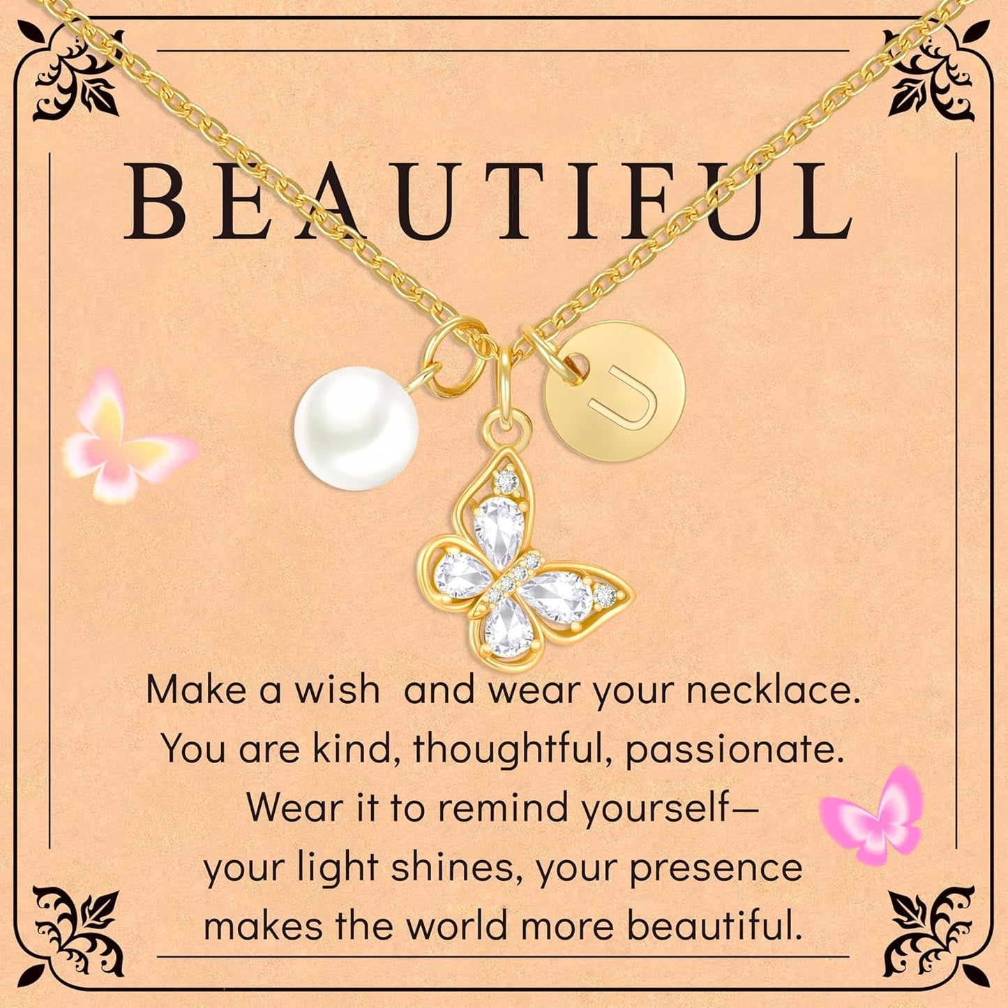 Butterfly Pearl Initial Necklace for Girls,14K Gold Plated Letter Butterfly Pendant Dainty Jewelry Birthday Christmas Gifts for Girls Daughter Best Friend