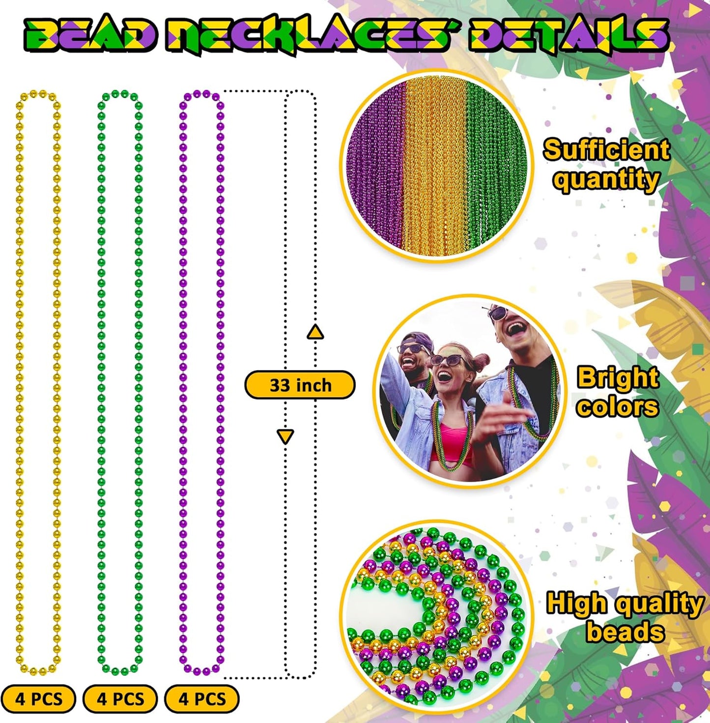 12PCS Mardi Gras Beads, Green Purple Gold Mardi Gras Metallic Costumes Necklaces Bulk, Mardi Gras Beads Necklace Costumes Accessory Sets for Parade Throws Party Decorations Favor Supplies