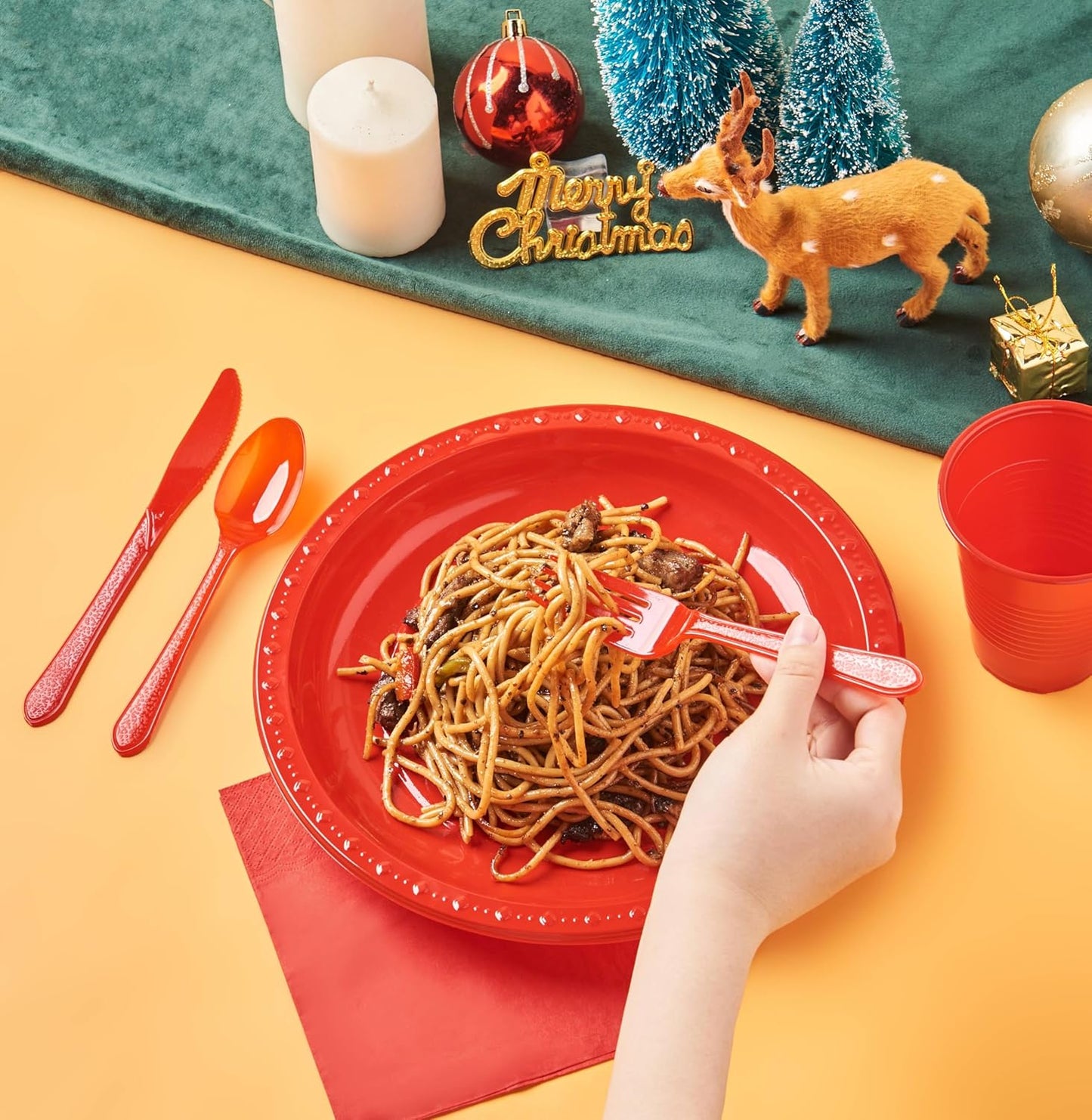 175 PCS Red Plastic Dinnerware Set Includes 50 Plates, 25 Cups, 25 Napkins, 25 Cutlery Spoons Forks & Knives, Disposable Dinnerware Set, Red Party Supplies Set