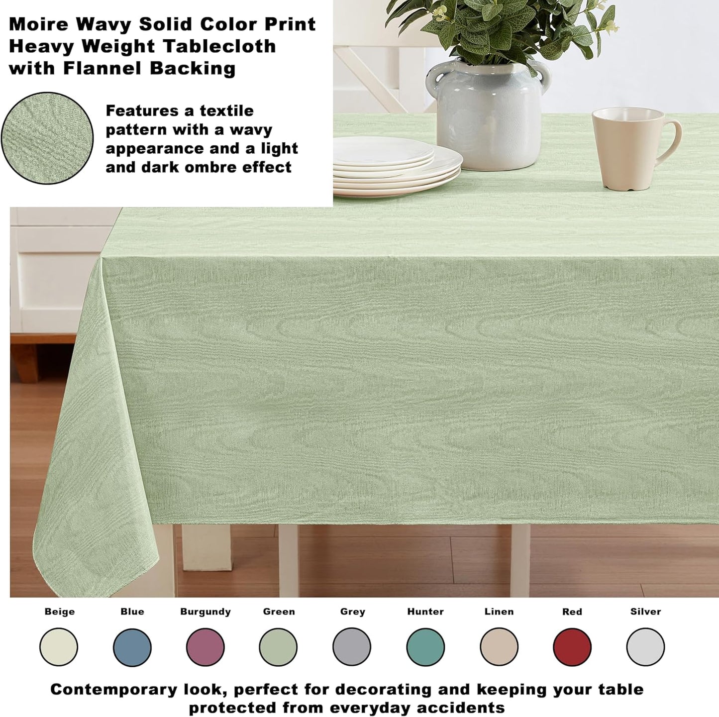 Newbridge Vinyl Flannel Backed Tablecloth, 52 x 70 Inch Rectangle, Sage Green Moire Wavy Solid Design, Heavyweight Indoor Outdoor Waterproof Table Cover, Easy Care Wipe Clean