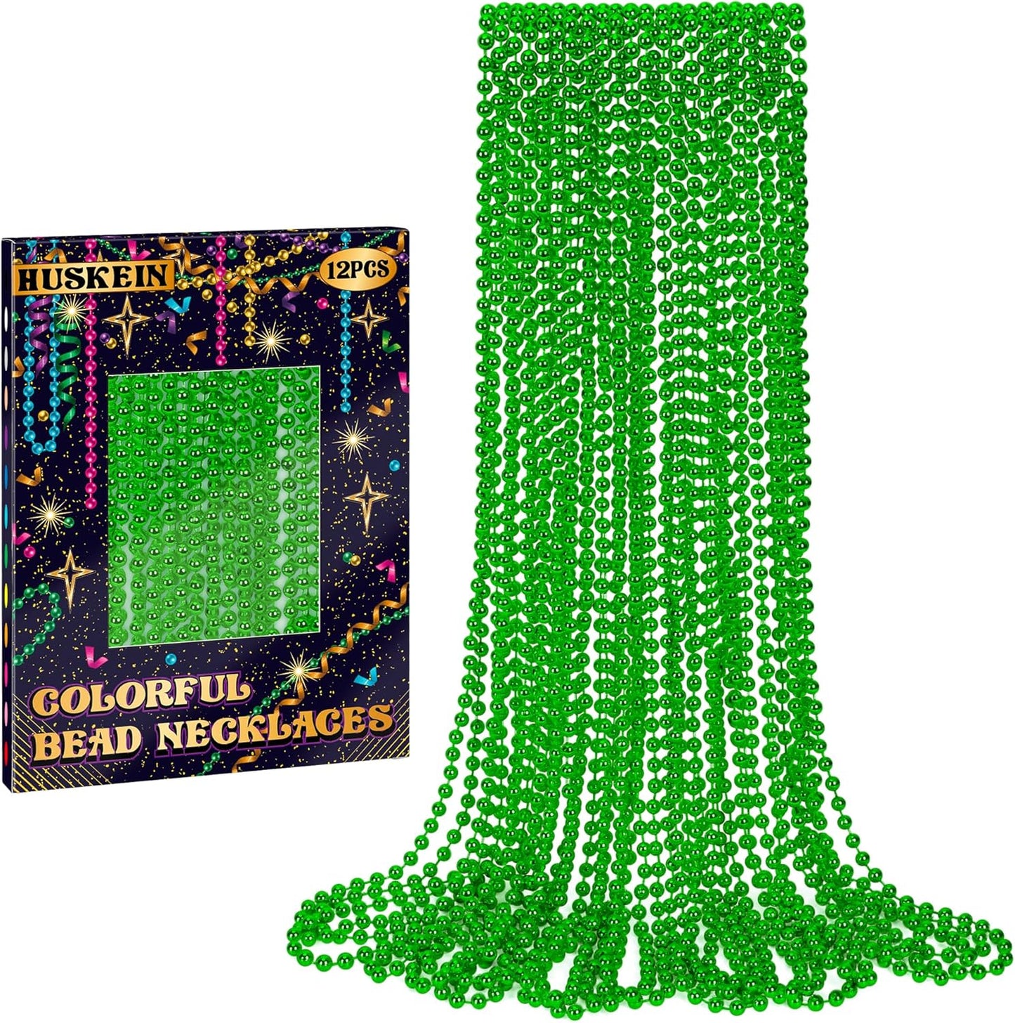 St Patricks Day Necklace, 12 PCS Mardi Gras Beads Bulk, 33 Inches Round Beads Necklaces Accessory Set, Christmas Parade Throw Accessories for Mardi Gras St. Patricks Party Supplies