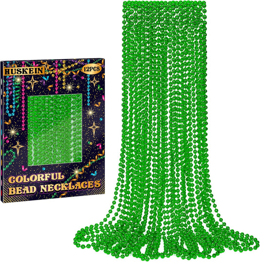 St Patricks Day Necklace, 12 PCS Mardi Gras Beads Bulk, 33 Inches Round Beads Necklaces Accessory Set, Christmas Parade Throw Accessories for Mardi Gras St. Patricks Party Supplies