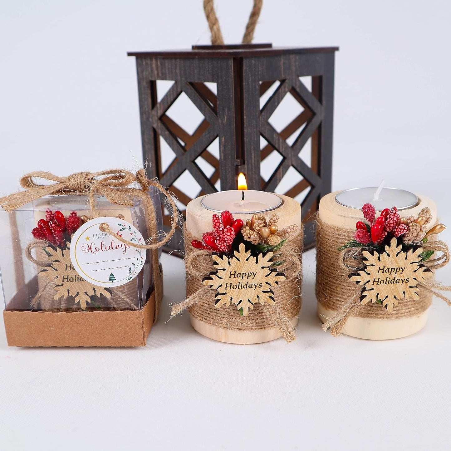 HTF Pack of 10 Christmas Decorations Wood Tealight Candle Holder, New Year Decoration, Noel Christmas Candles Bulk, Xmas Decoration, Noel Decor (CH-Snowflake, Light Brown)