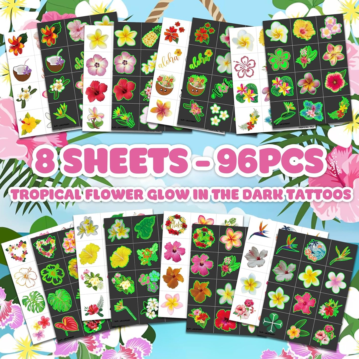 96 PCS Tropical Flower Hawaiian Pre-Cut Temporary Themed Birthday Favors Supplies Décor Cute Luau Gifts For Game Boys Girls Classroom School (Glow In The Dark)