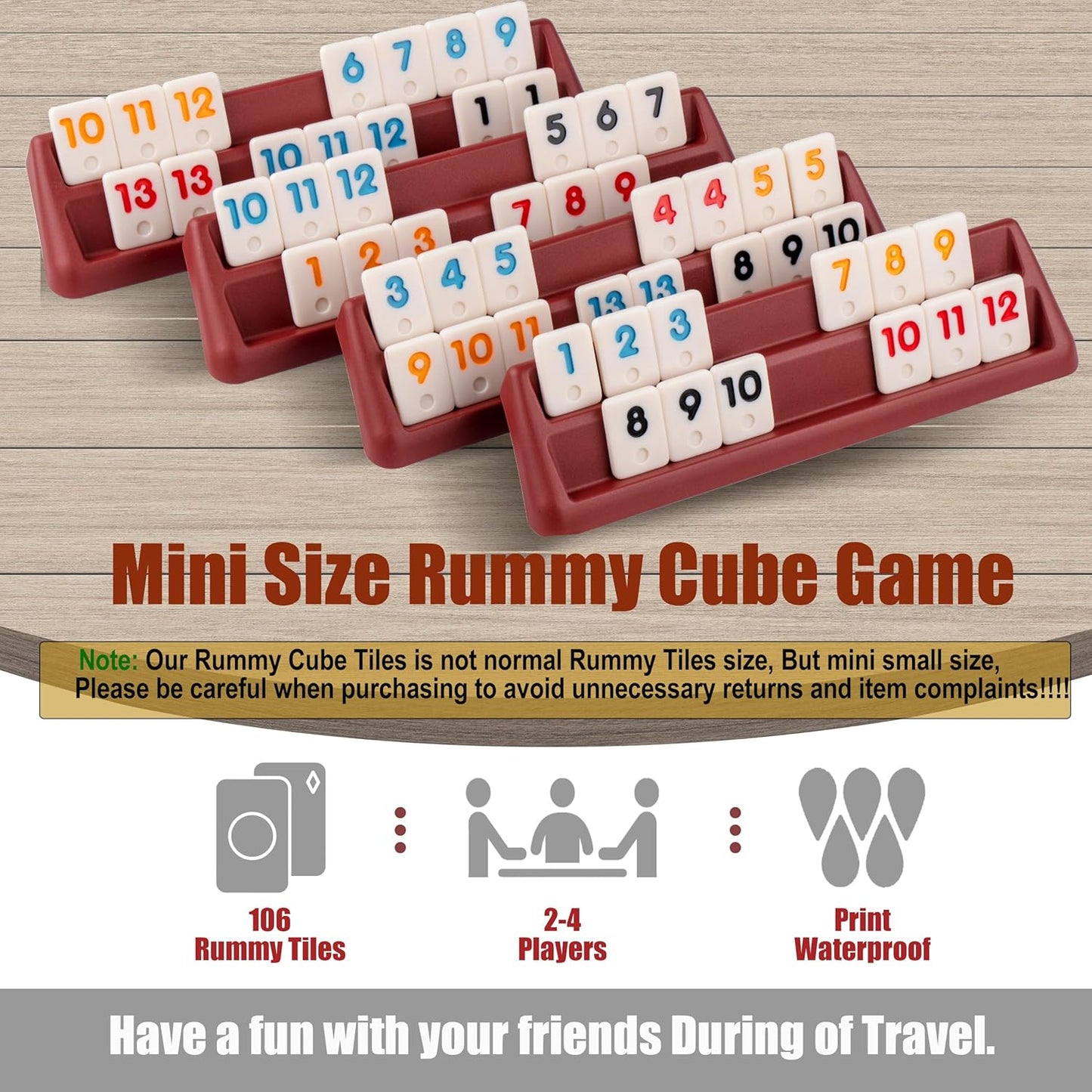 Smilejoy Mini Rummy Cube 4 Players Edition,Travel Rummy Game Set with Portable Canvas Bag,Classic Board Game for Adults and Kids |106 Tiles | 4 Playing Racks |1 Dice | (2-4 Player)