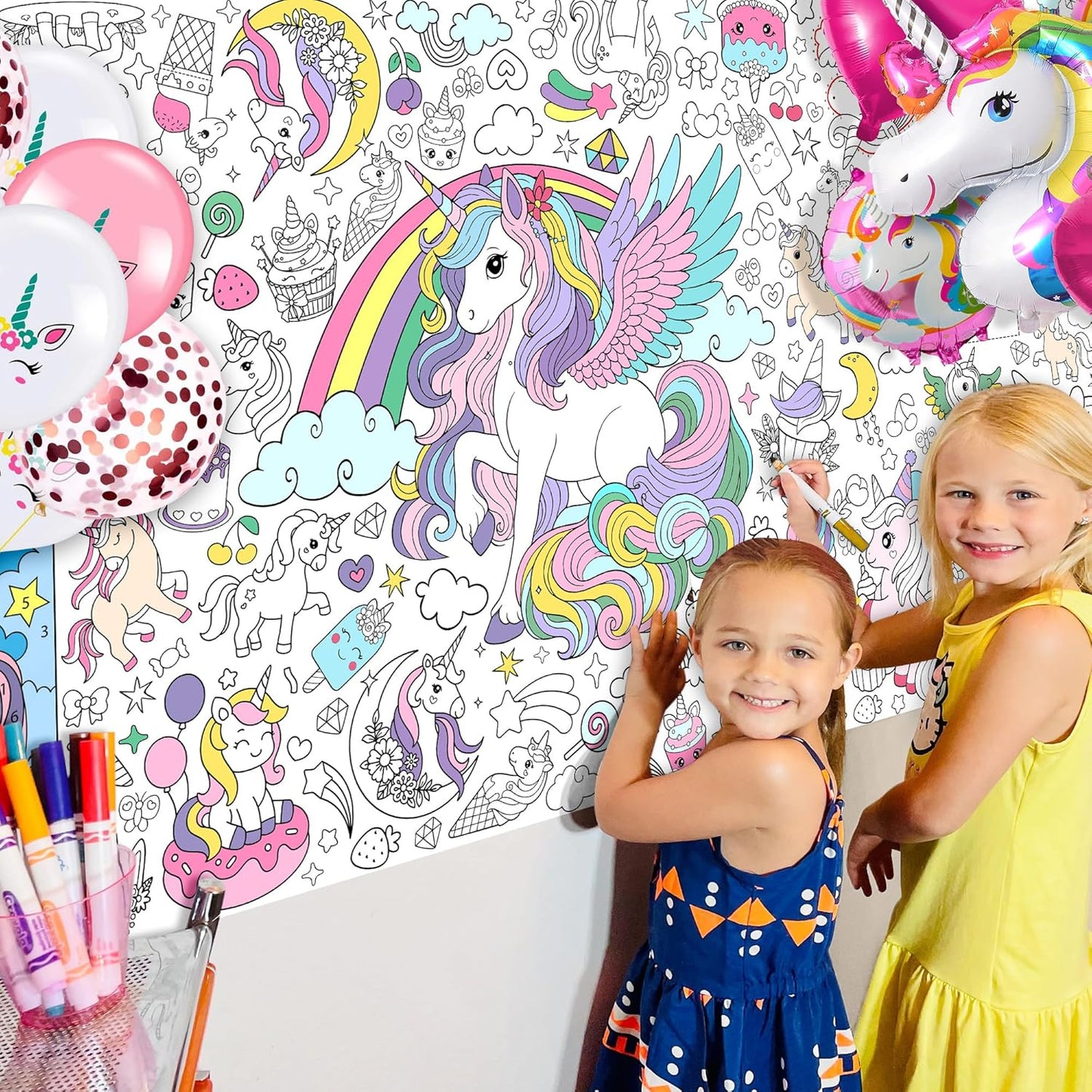 Unicorn Coloring Tablecloth for Kids, Magical 30x72 Inch Poster with Unicorns, Rainbows, Perfect for Girls Birthday Party Games, Fantasy Decorations, Classroom Activities, Event Supplies