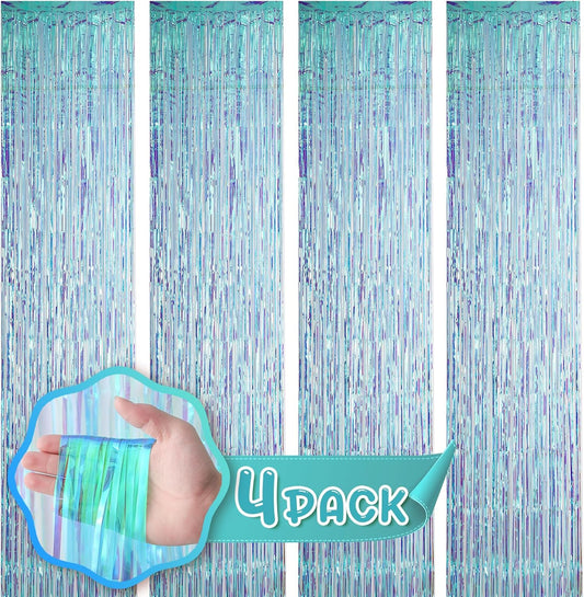 4 Pack 3.3x8.2 Feet Neon Iridescent Foil Fringe Backdrop Curtains, Tinsel Streamers Birthday Party Decorations, Fringe Backdrop for Graduation, Baby Shower, Gender Reveal, Disco Party