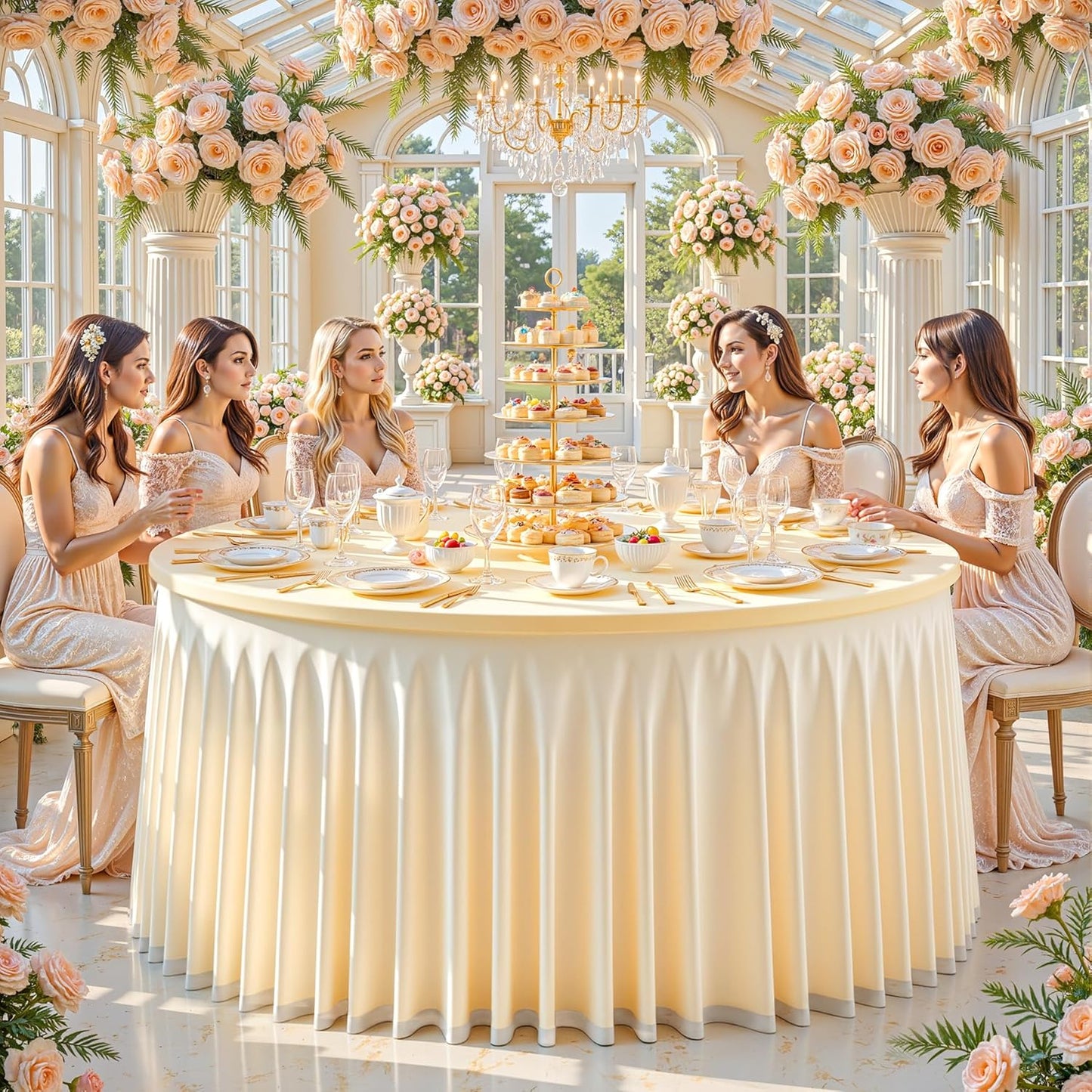 Champagne Tulle Round Tablecloth for 60 inch Tables, Spandex Fitted 5FT Champagne Round Table Covers with Tulle Tutu Skirt for Baby Shower Wedding Birthday Party Cake Banquet Table Decoration