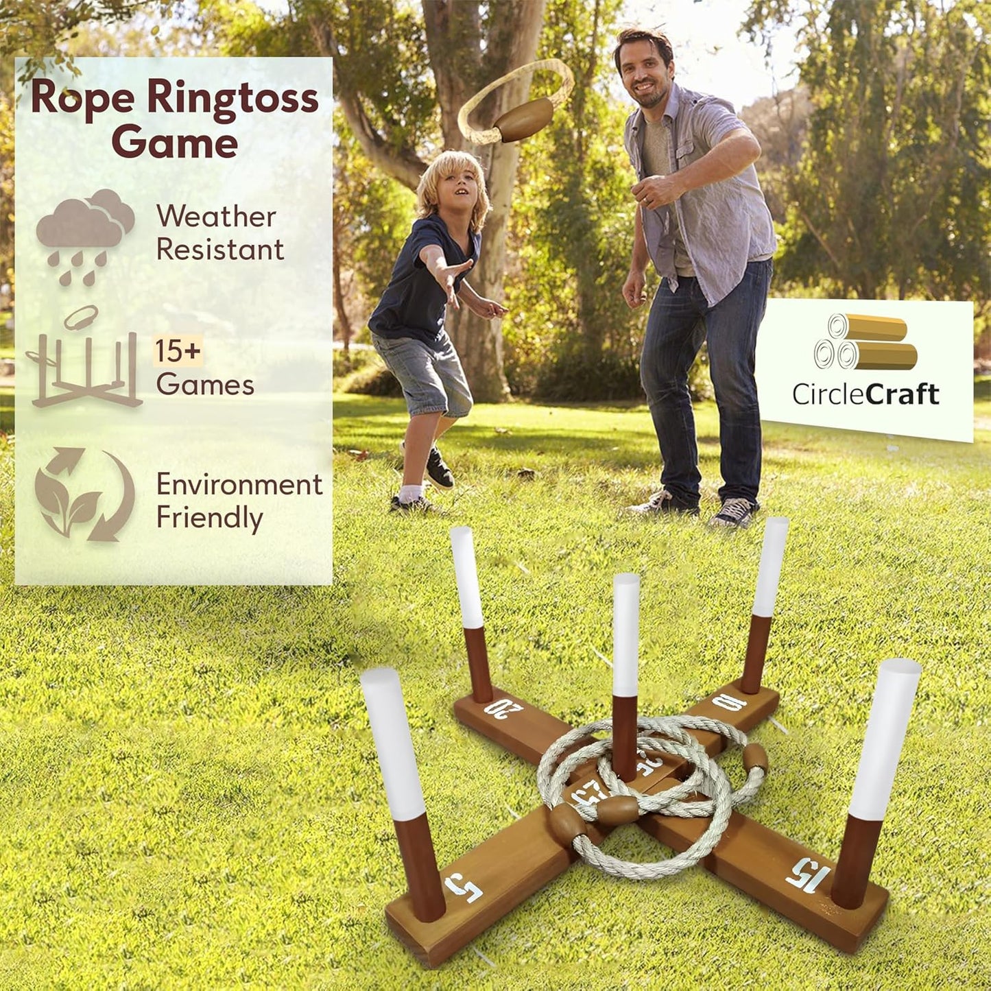 CircleCraft Rustic Ring Toss Game for Kids & Adults – Outdoor Yard Games with Rope Rings, Portable Wooden Lawn Game for Family Fun, Backyard, Beach, Camping & Picnic Activities for Christmas & Easter