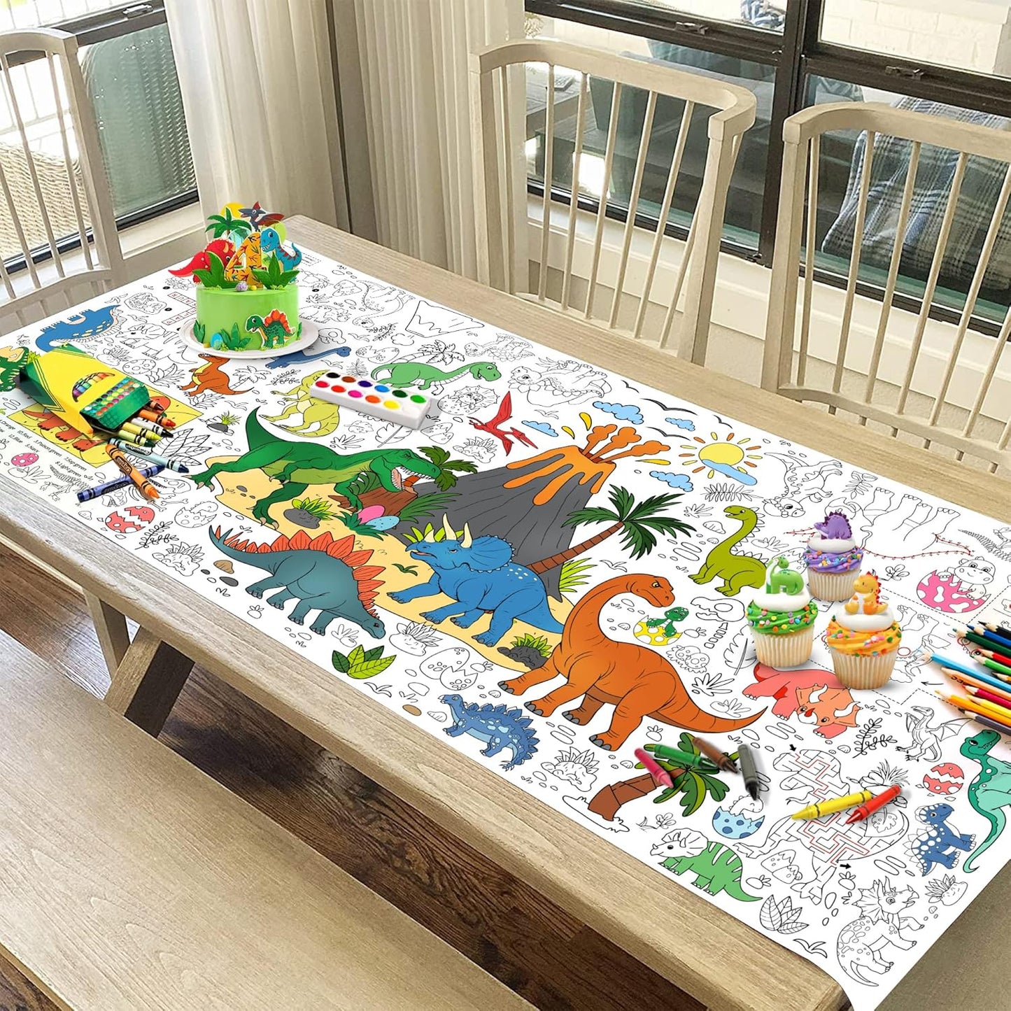 Dinosaur Coloring Tablecloth for Kids, Jumbo 30x72 Inch Poster with Dinosaurs, Volcanoes, Perfect for Boy Birthday Party Games, Decorations, Classroom Activities, Celebration Supplies