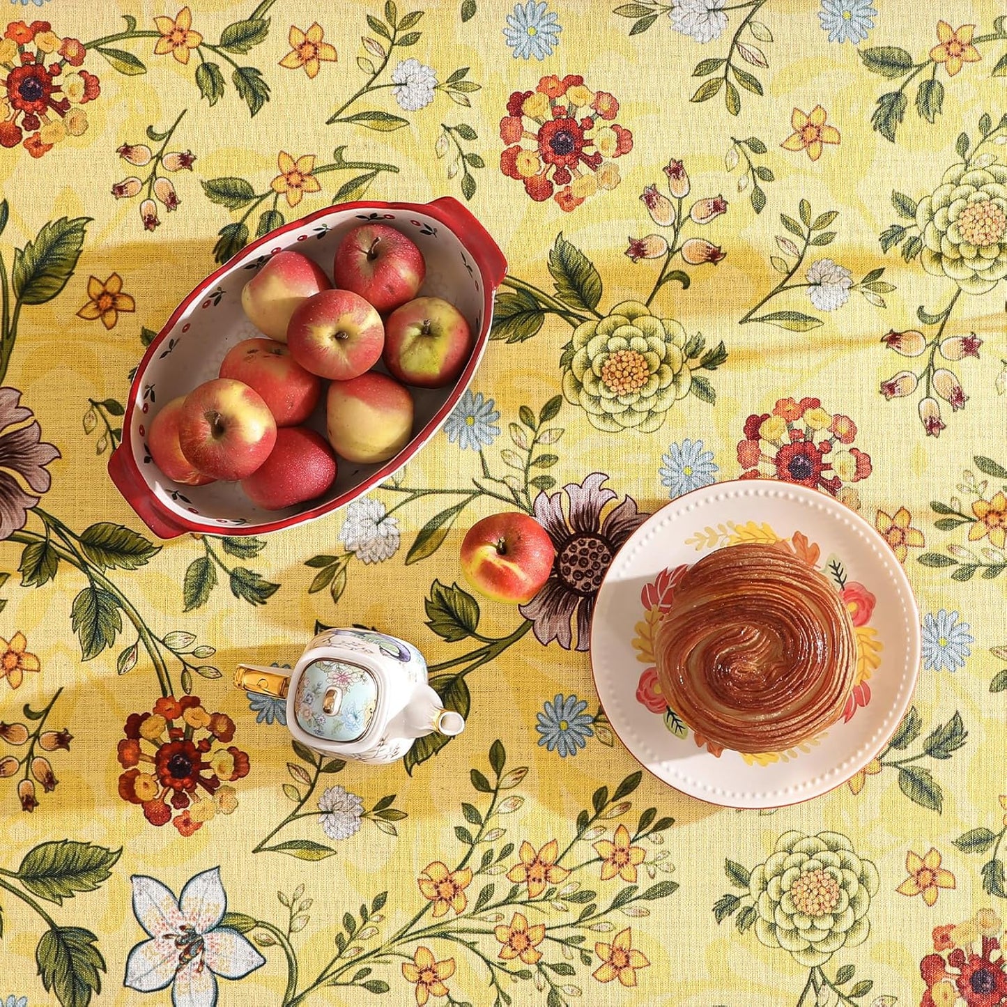 Vintage Linen Tablecloth for Rectangle Table,Yellow Floral French Wrinkle Free Tablecloths,Decorative Table Cover for Kitchen,Dining,Thanksgiving,Christmas,Party,55"*79"-Bellano