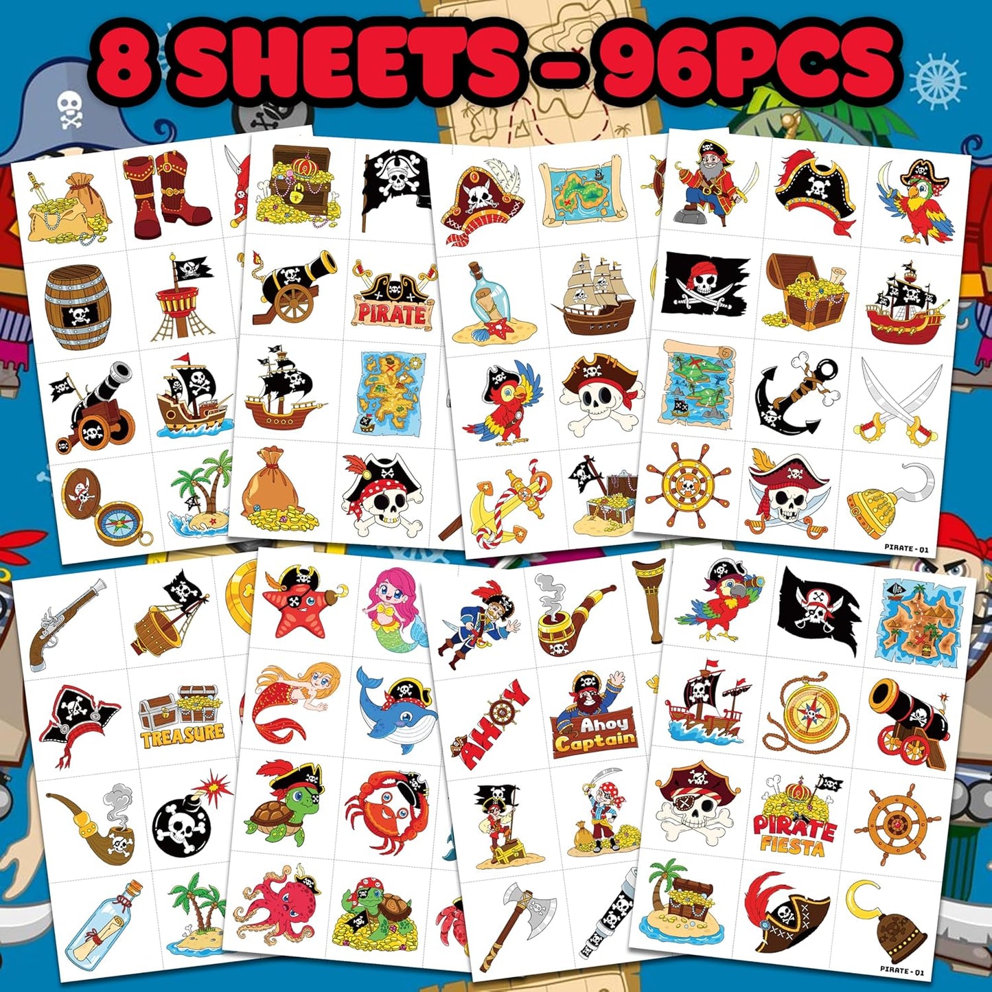 96PCS Pirate Ship Nautical Pre-Cut Temporary Tattoos for Kids | Super Cute Theme Birthday Party Favors, Supplies, Decorations, Mermaid Treasure Fake Tattoo Stickers (Multiple)