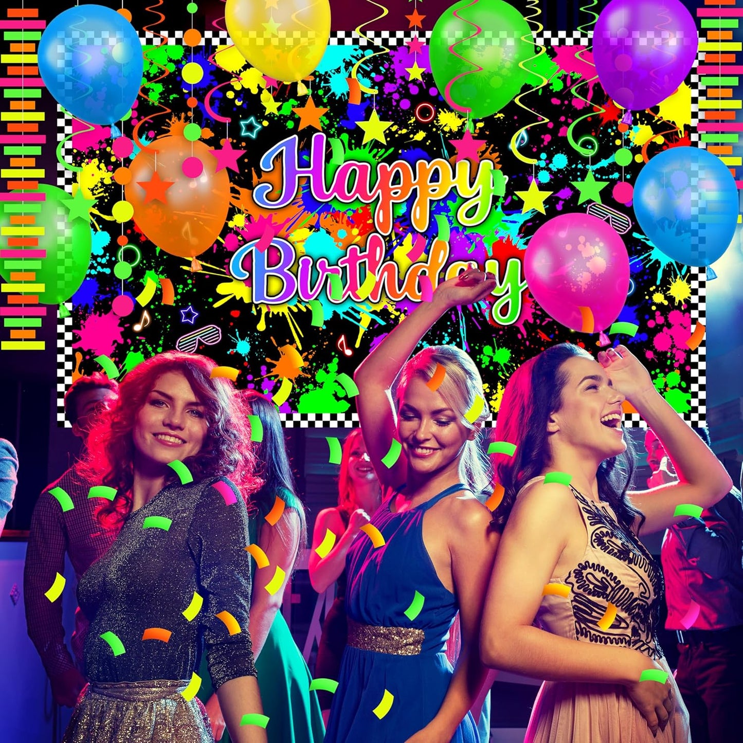 Neon Birthday Party Decoration Glow in The Dark Party Supplies Happy Birthday Backdrop Banner Neon Fluorescent Balloons Garland Arch Star Hanging Swirl Black Light Reactive Glow Tape Neon Streamer