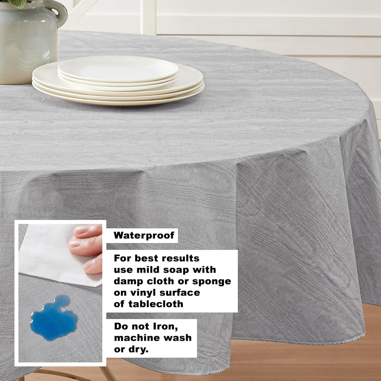 Newbridge Vinyl Flannel Backed Tablecloth, 60 x 84 Inch Oval, Grey Moire Wavy Solid Design, Heavyweight Indoor Outdoor Waterproof Table Cover, Easy Care Wipe Clean