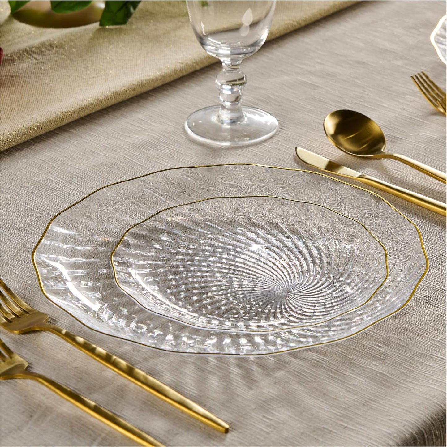 PLASTICPRO 120 Pack Plastic Plates Set of 60-10 inch Plates and 60-7 inch Plates, Elegant Clear Spiral and Gold Rim Disposable Fancy Plates Premium Heavyweight