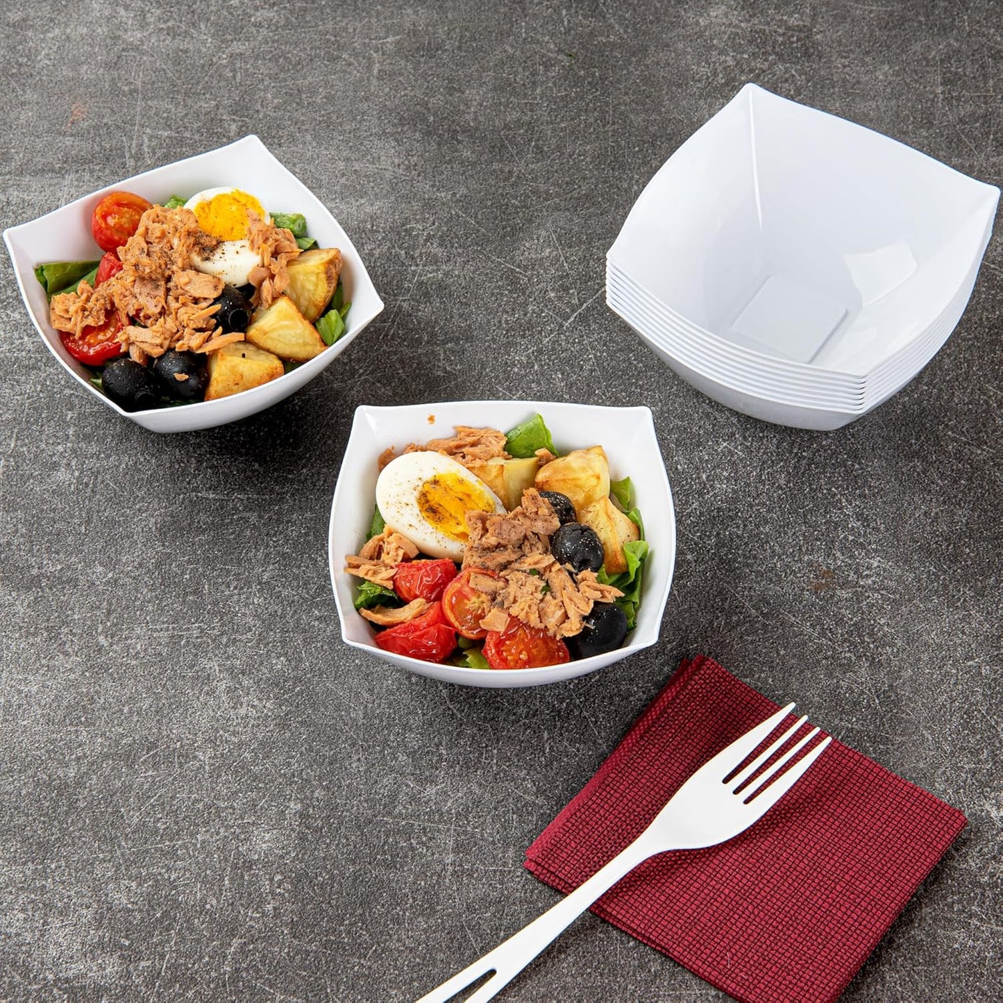 Restaurantware Moderna 8 Ounce Fancy Plastic Bowls 100 Square Disposable Salad Bowls - Durable Heavy-duty White Plastic Bowls For Warm And Cold Foods
