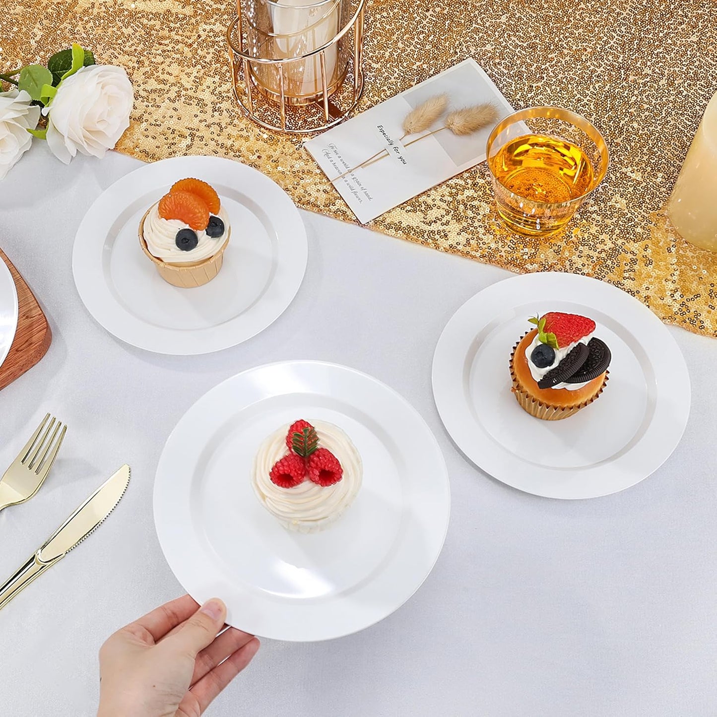 BESTVIP 100PCS 7 Inch White Plastic Dessert Plates, Disposable Plate for Appetizers, Small Cakes, Small Heavy Duty Disposable Plastic Plates for Parties, Wedding, Christmas, Thanksgiving and Birthday