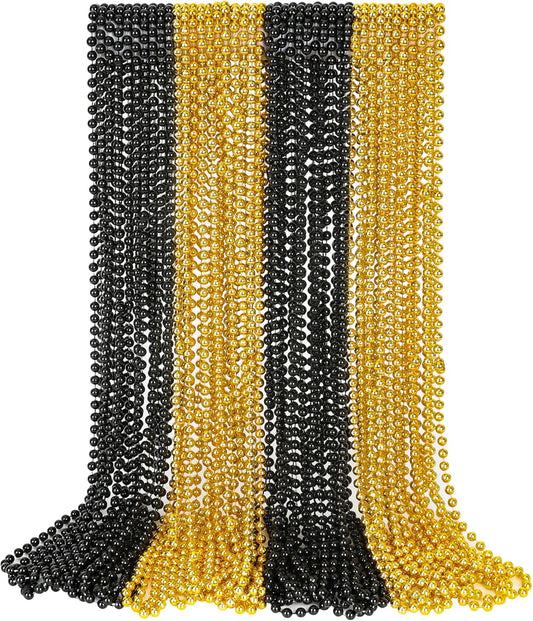 30PCS New Years Beads Necklaces, Black Gold Beaded Necklace Party Supplies, 33" New Years Eve Graduations Necklaces Decorations, Festival New Years Graduations Mardi Gras Parade Throw Accessories