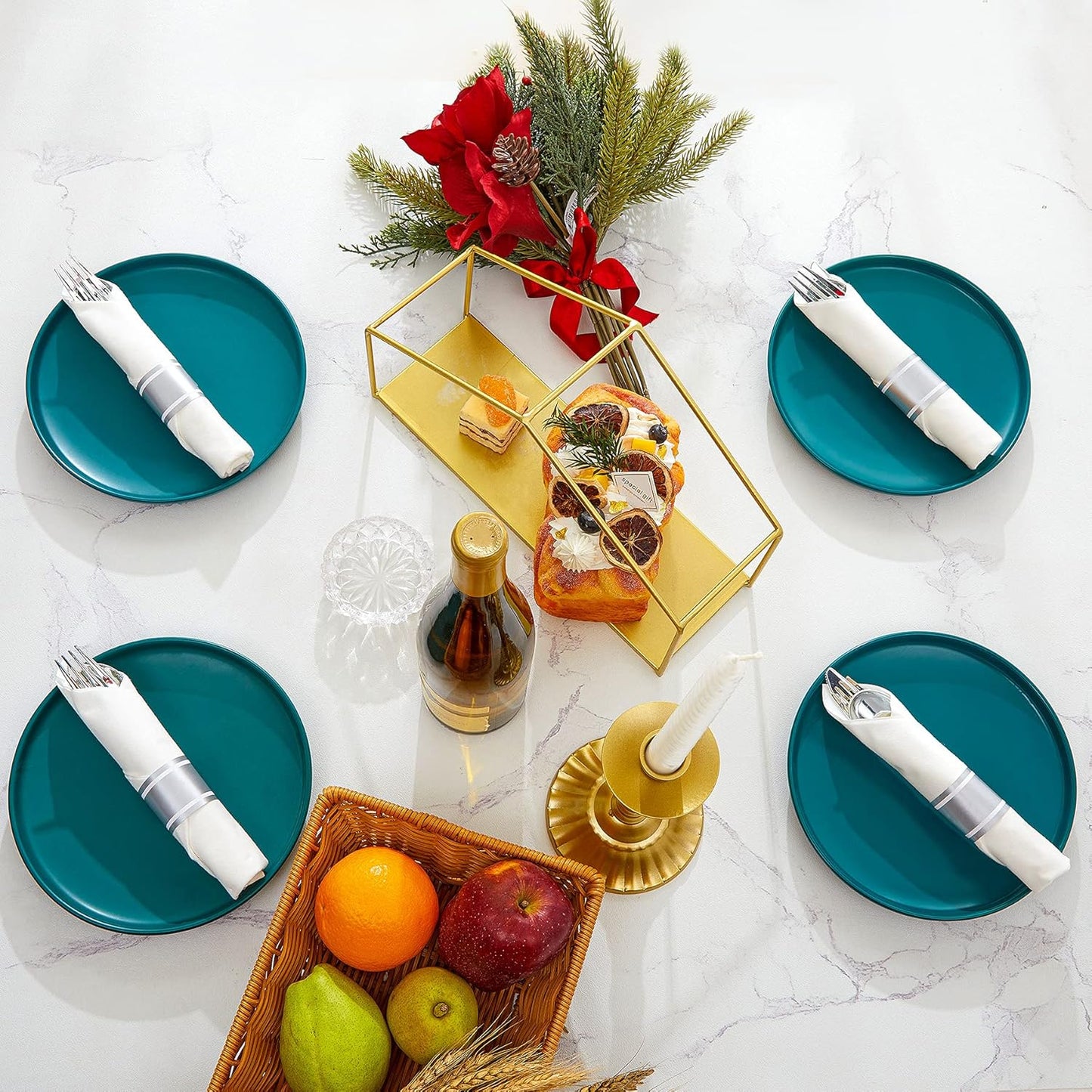 N9R 50 Pack Pre Rolled Silver Plastic Cutlery Set, 50 Forks, 50 Knives, 50 Spoons, 50 Napkins, Disposable Cutlery Set for Party and Wedding