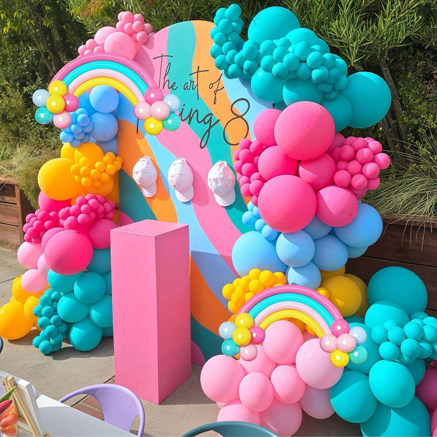 155 Pcs Summer Rainbow Balloons Arch Kit, Hot Pink Teal Blue and Yellow Neon Balloon Garland Kit Pool Birthday Decor, Pastel Pink Blue Colorful Long Balloon as Rainbow Tropical Luau Party Decorations