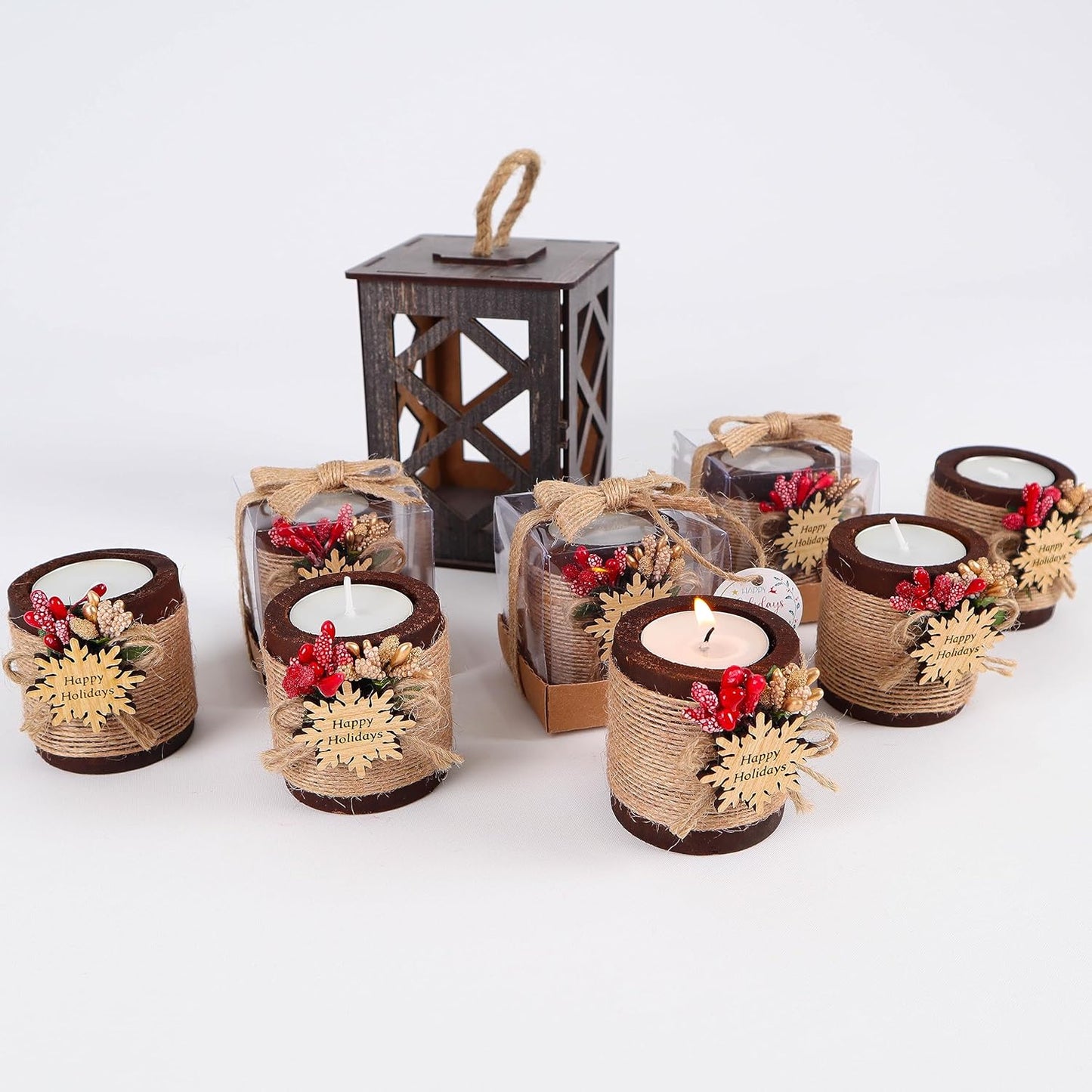 HTF Pack of 10 Christmas Decorations Wood Tealight Candle Holder, Coworker Gift, Happy, New Year, Christmas Candles, Noel Xmas Decoration (CH-Snowflake, Dark Brown)