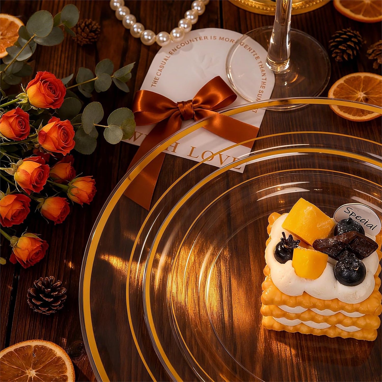 FLOWERCAT 100PCS Clear Plates with Gold Trim - Heavy Duty Clear and Gold Plastic Plate Disposable for Thanksgiving Party/New Year Include 50PCS 10.25inch Dinner Plates - 50PCS 7.5inch Cake Plate