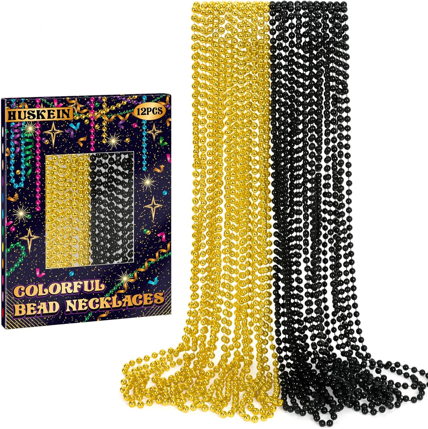 12 PCS Mardi Gras Beads Bulk, New Year Beaded Necklaces, 33" BlackGold Beads Graduation Beaded Stuff Set, Carnival Round Costume Necklace for New Years Eve Parade Throws Party Favors Decorations